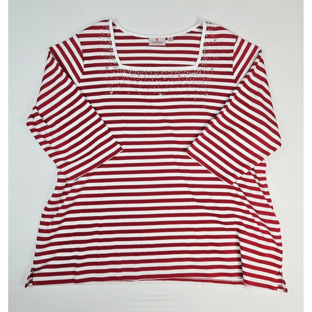 Womens Quacker Factory shirt sz 3X red white stripe patriotic sequin stars